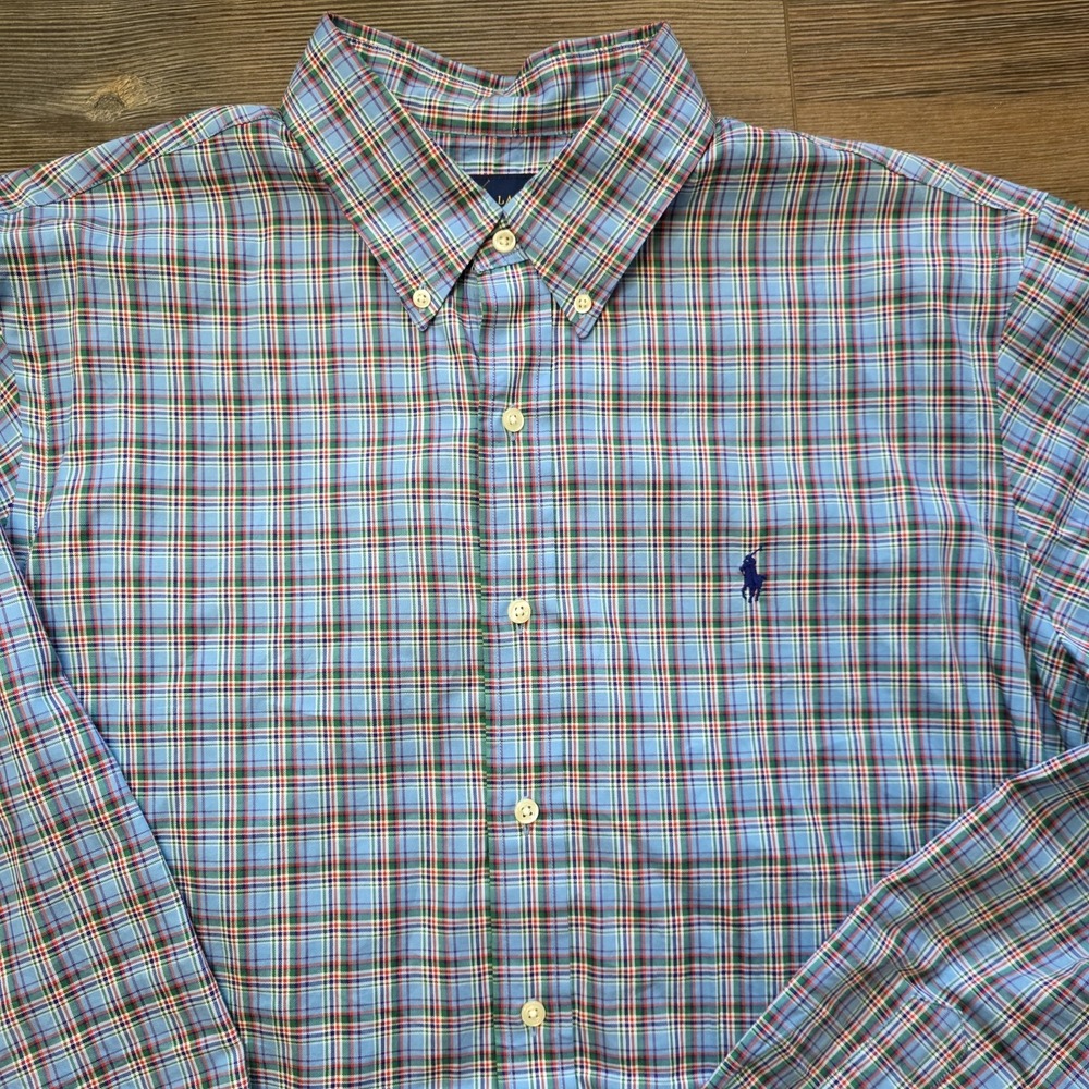 Ralph Lauren Shirt Men's L/S Plaid Collared Polo Green Red‎ White XL Pony